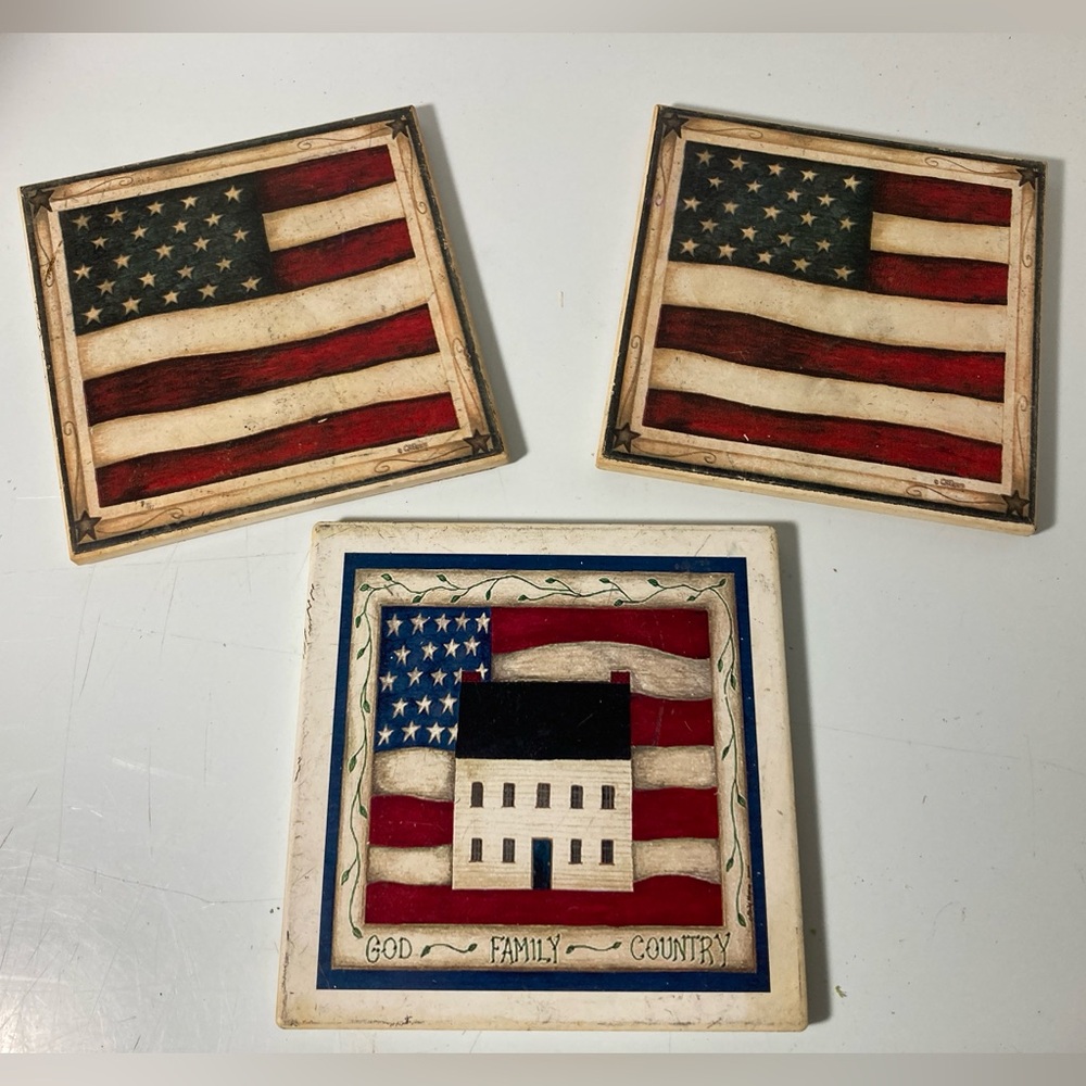 USA Absorbent Stone Art Coasters 3 Cork Back God Family Counrty